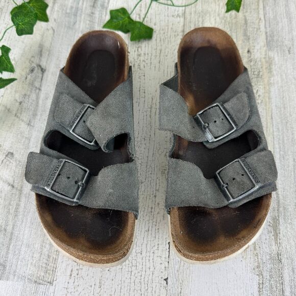 Birkenstock Soft Footbed Womens size 39 narrow Two Strap Gray Suede w White Buck - Picture 1 of 7